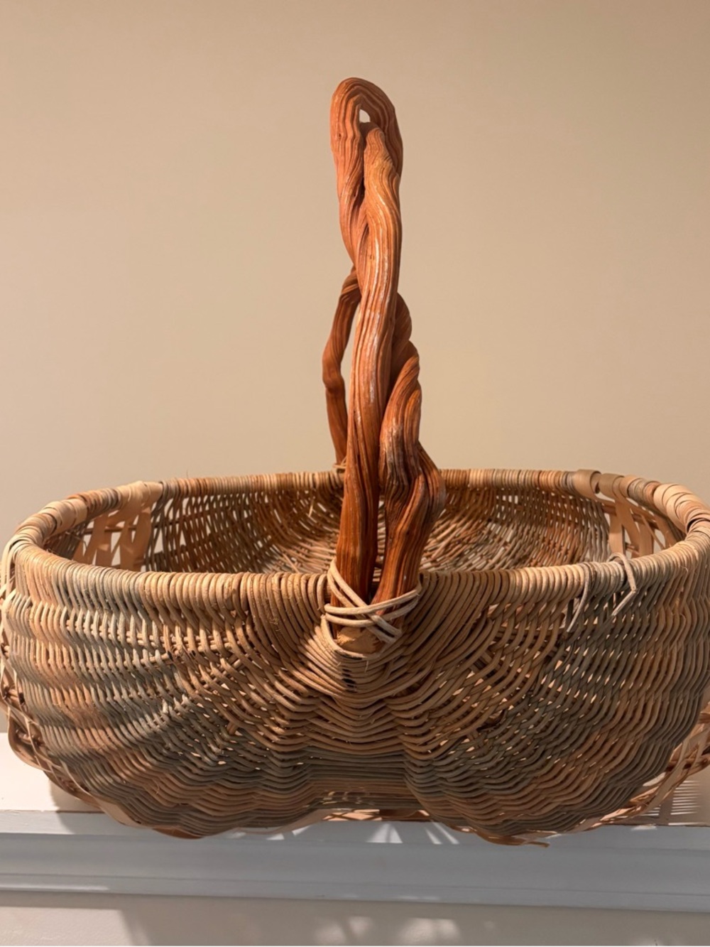 HUGE Unique Vintage Twisted Willow Handle Woven Basket